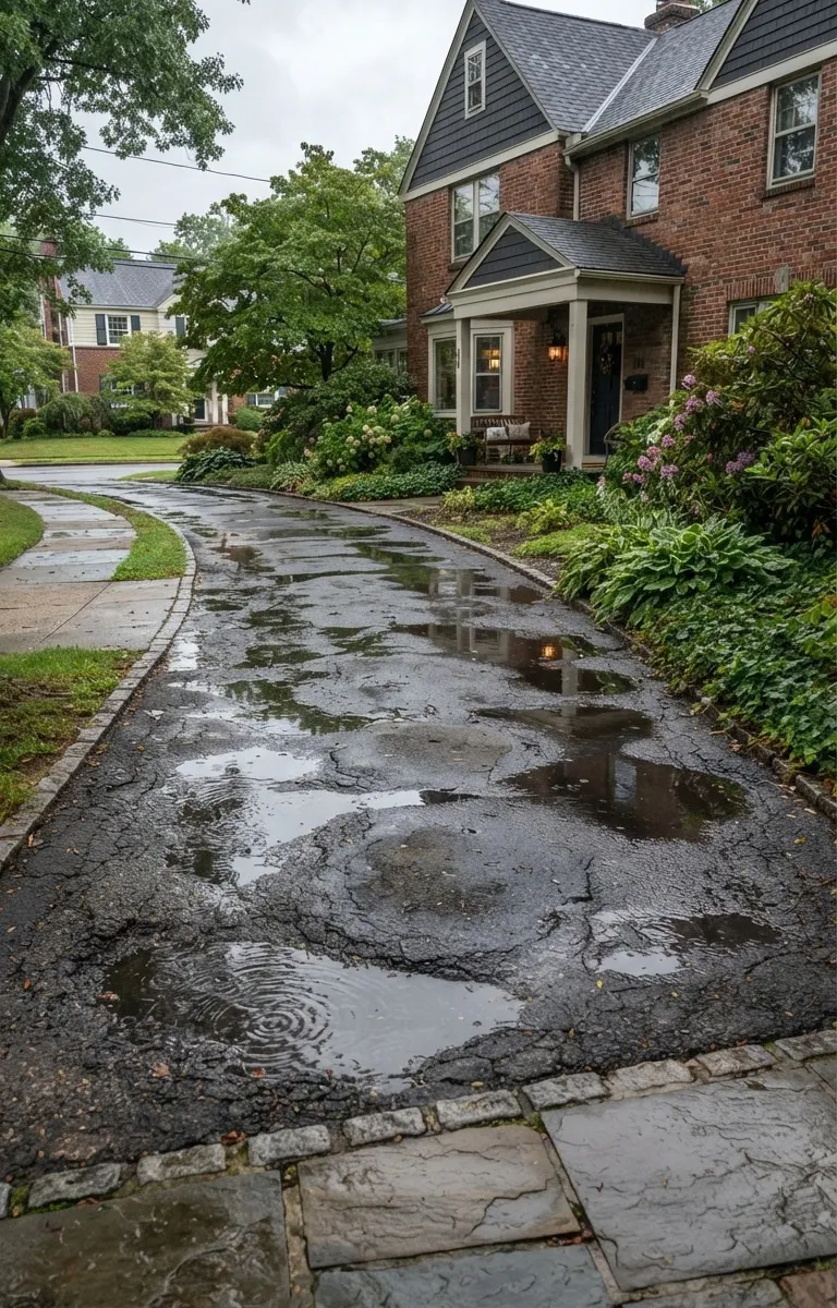 Conshohocken, Pennsylvania residential driveway after rainfall - Standing Water on Driveways